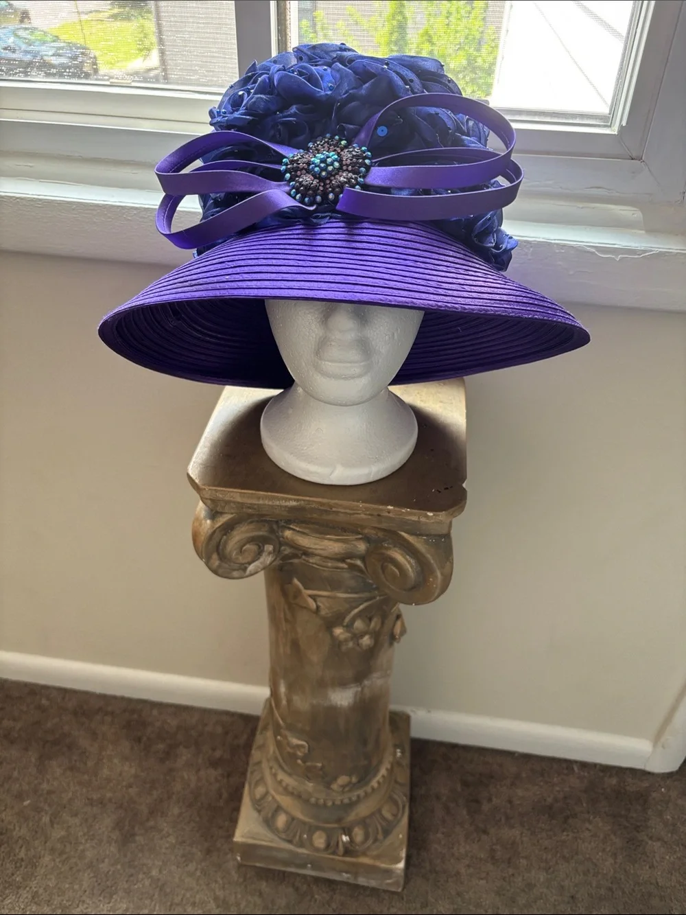 Elegant Purple Wide-Brim Church Hat with Decorative Bow
